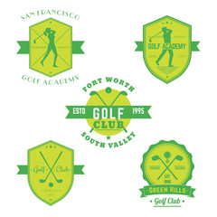 Golf club, academy vintage emblems, logos with golfers, crossed golf clubs and ball, isolated on white, vector illustration