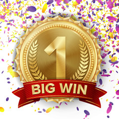 Gold Medal Vector. Falling Confetti Explosion. Red Ribbon. Isolated On White Background. Realistic illustration.