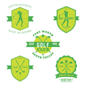 Golf club, academy vintage emblems, logos with golfers, crossed golf clubs and ball, isolated on white, vector illustration