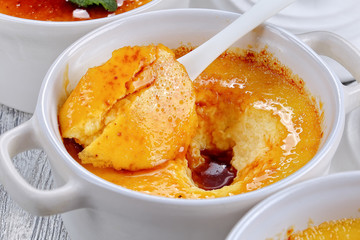 Creme brulee in white ceramic ramekin