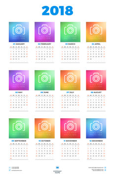 Calendar Poster Template for 2018 Year. Week starts Sunday. Stationery Design. Vector Calendar with Place for Photo on White Background