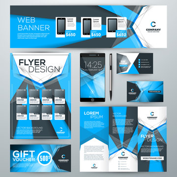 Set of stationery design templates. Corporate identity with abstract vector background. Web banner, flyer, booklet, gift voucher, business card, phone wallpaper