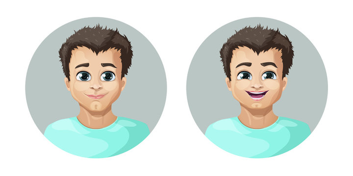 cartoon image of a set of guy with brown hair expressing various facial emotions: joy and happiness