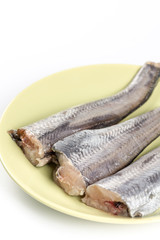 Raw hake on the plate above white background