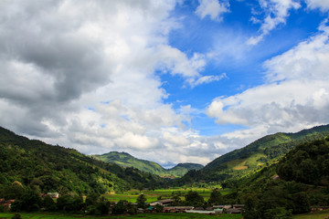 Beautiful nature Cloudy .Blue sky and white cloud with sun light.Boklua Nan Province, Thailand