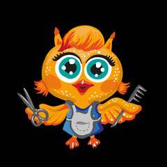 Vector cute owl. Cartoon character. Hairdresser