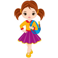 Vector Cute Little Girl with School Bag 