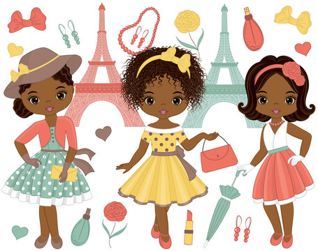 Vector Set with Cute Little African American Girls in Retro Style and Eiffel Tower