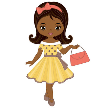 Vector Cute Little African American Girl in Retro Style