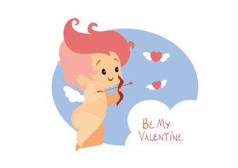 Cupid hunting with archey bow flying hearts. Handwritten fun quotation Valentines Day message