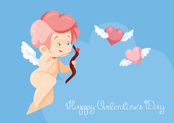 Cupid hunting with archey bow flying hearts. Handwritten fun quotation Valentines Day message