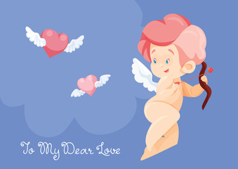 Cupid hunting with archey bow flying hearts. Handwritten fun quotation Valentines Day message