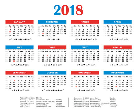 2018 yearly calendar. American colors. Federal holidays, moon and numbers of weeks.