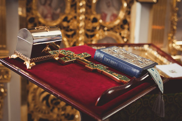 candles and lamp close-up. Interior Of Orthodox Church. baby christening. Christening or wedding ceremony in Christian traditions