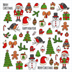 Christmas New year Santa Claus Doodle vector icons Presents Birds Christmas tree Candy Christmas bell Snowflake