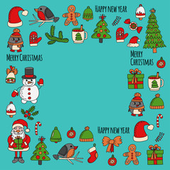 Fototapeta na wymiar Christmas New year Santa Claus Doodle vector icons Presents Birds Christmas tree Candy Christmas bell Snowflake