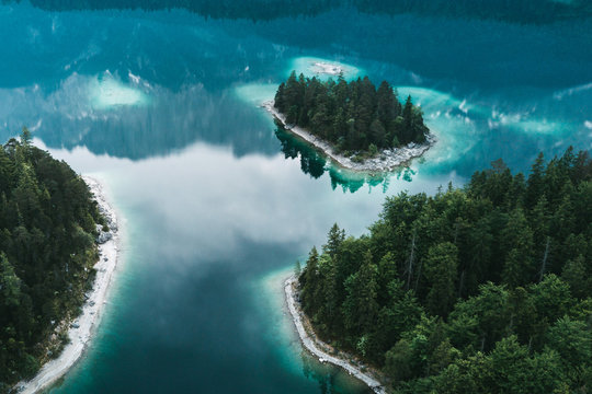 Aerial photograph of lake Eibsee and it's small forest islands