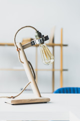 close-up shot of stylish wooden table lamp