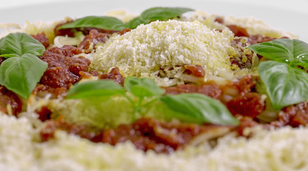 Noodles, spaghetti, tomato sauce, cheese, parmesan, basil