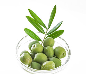 Cup with olives, twig, olive branch