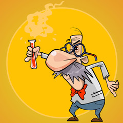 Cartoon funny man scientist with a test tube in his hand