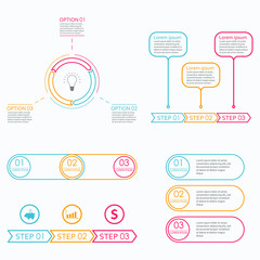 Step by step infographics set. 3 steps, options or levels. Outline infographics template. Vector illustration.