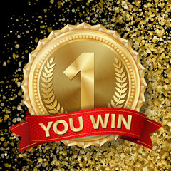 Gold Medal Vector. Best First Placement. Sport Game Golden Challenge Award. Red Ribbon. Realistic illustration.