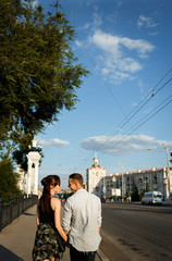 Couple kissing happiness fun. Interracial young couple