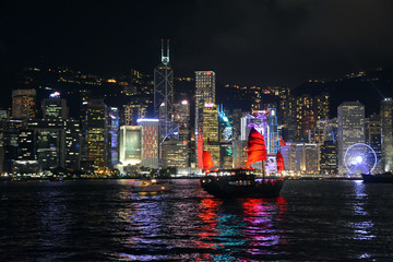 Hong Kong skyline view from Kowloon side, colorful night.