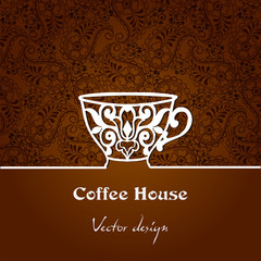 Decorative background with a cup of coffee from a white ribbon and text Coffee house. Stock vector