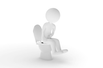 Verdauungsprobleme? 3D-Charakter sitzt auf der Toilette und haelt sich den Bauch. 