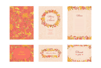 Vector suite wedding invitation card. Set frame cards with autumn leaves and berries. Collection decorative design concept in pastel and bright colours. Invite to an anniversary or birthday.