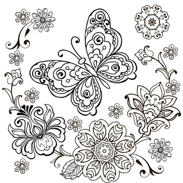 Decorative butterfly with floral ornament for anti Stresa Coloring