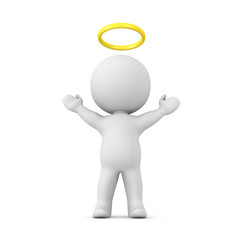 3D Character with a gold halo above his head with his arms raised