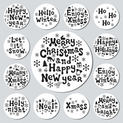 Christmas New Year gift round stickers. Labels xmas set. Hand drawn decorative element. Collection of holiday christmas stickers in black white. Texture. Vector illustration. Lettering, calligraphy.