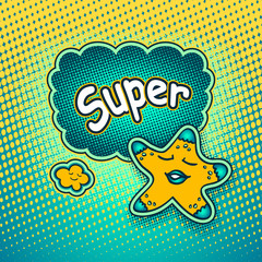 Doodle star in pop art cartoon comic retro style pointing on Speech bubble with halftone and inscription Super for Rating or recommendation for watching a movie or quality product