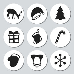 Christmas and New Year gift round stickers. Labels xmas set. Hand drawn decorative element. Collection of holiday festive christmas stickers in black and white. Texture. Vector illustration.