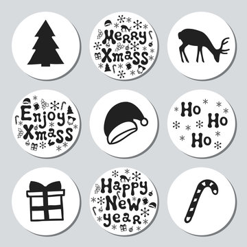 Christmas New Year gift round stickers. Labels xmas set. Hand drawn decorative element. Collection of holiday christmas stickers in black white. Texture. Vector illustration. Lettering, calligraphy.