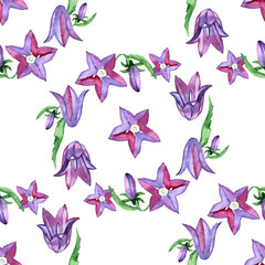 Watercolor seamless pattern with blue bluebells flowers. Rustic floral design for wedding invitations and birthday cards.