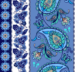 Obraz premium Set of oriental borders with paisley in blue. Set of Lace Bohemian Seamless Borders. Stripes with Blue Floral Motifs. Decorative ornament backdrop for fabric, textile, wrapping paper