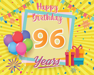 color full 96 th birthday celebration greeting card design vector, birthday party poster background with balloon, gift box and confetti. ninety six anniversary celebrations