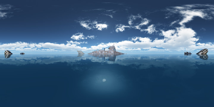 360 Grad Panorama mit Fantasie Unterseeboot und prähistorischen Fischen