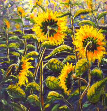 Sunflowers Acrylic, Oil Painting Original Handpainted Art Of Sunflower Flowers, Beautiful Gold Sunflowers In Sun Flowers On Canvas. Modern Impressionism.Impasto Artwork.