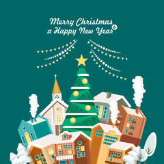 Merry Christmas and a Happy New Year vector greeting card in modern flat design. Christmas town.