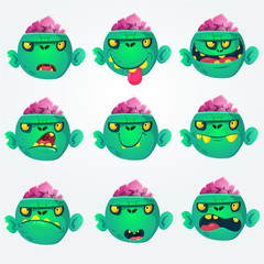 Cute cartoon zombie head scary spooky emotion icons set. Illustrations collection isolated on white background. Halloween avatars and mask simple gradient. Vector.