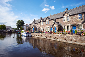 A boat on Brecon canal basin Powys Wales UK