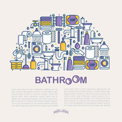 Obraz na płótnie Canvas Bathroom equipment concept in half circle with thin line icons. Hygiene, purity, beauty, plumber related icons. Vector illustration for banner, web page, print media.