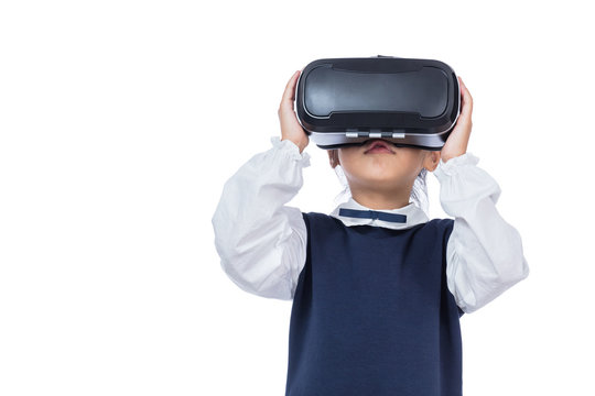 Asian little Chinese girl experiencing virtual reality via VR goggles