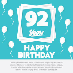 92 nd birthday celebration greeting card paper art style design, birthday invitation poster background with balloons. ninety two anniversary celebrations blue color