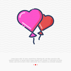 Two balloons in heart shape. Thin line vector illustration. Wedding, Valentine's day, birthday party element.